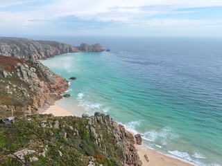 .Porthcurno Beach Cornwall UK drone , aerial , view from air
