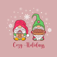 Cute Christmas card design with funny gnomes. Xmas vector illustration. Sweet scandinavian gnome characters holding cocoa cup and christmas pie. Festive greeting card cozy holidays.