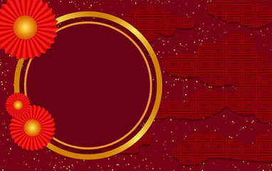 Chinese new year illustration red ornament background with asian elements, fans and round banner