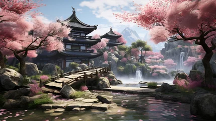 Foto op Plexiglas serene Japanese zen garden with cherry blossom trees © 1st footage