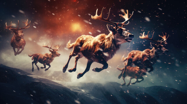 Santa Claus's reindeers are flying in sky over Christmas night city. Winter holiday magic. Seasonal greetings. Shiny sparkles.