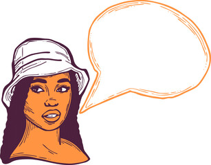 Beautiful young woman talk. Empty speech bubble for sale promotion, text background, quotes. Hand drawn illustration, cartoon comic style vector.