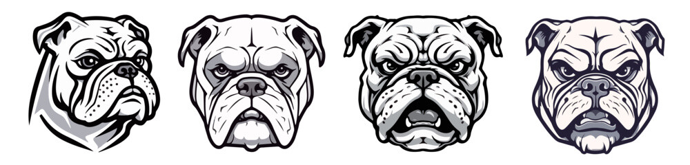 Set of english bulldog breed dog heads, black and white vector illustration in mascot logo style - obrazy, fototapety, plakaty