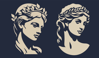 A woman's head in the style of ancient Greece and Rome, the black and white logo shows a head sculpture