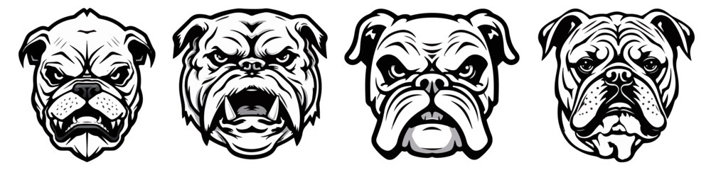 Set of english bulldog breed dog heads, black and white vector illustration in mascot logo style