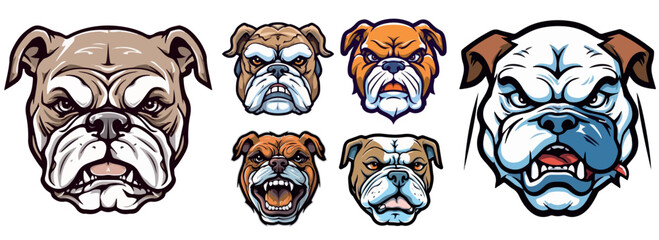 Set of dog heads of the English Bulldog breed, with natural coat color, multicolored vector illustration in mascot logo style - obrazy, fototapety, plakaty