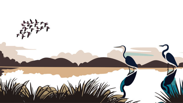 herons and birds at the sunset