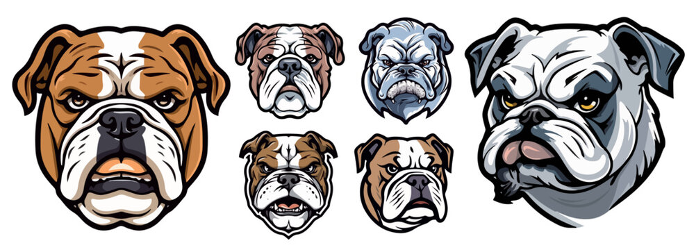 Set of dog heads of the English bulldog breed, with natural coat color, multicolored vector illustration in mascot logo style