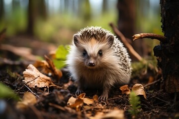 Watchful hedgehogs between autumn leaves. - obrazy, fototapety, plakaty