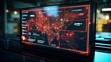 Close-up of a digital interface displaying global logistics networks, highlighting the efficiency of container cargo distribution - obrazy, fototapety, plakaty