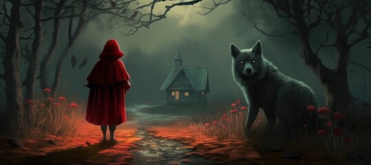 Little Red Riding Hood in Enchanted Forest - obrazy, fototapety, plakaty