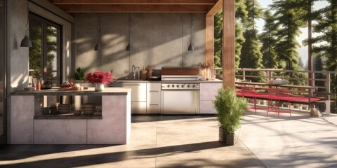 Modern Outdoor Kitchen with Forest View