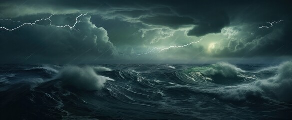 Turbulent Ocean Seascape with Lightning