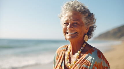 lady over 60 years old, smiling, happy, free, with a background of a beach - obrazy, fototapety, plakaty