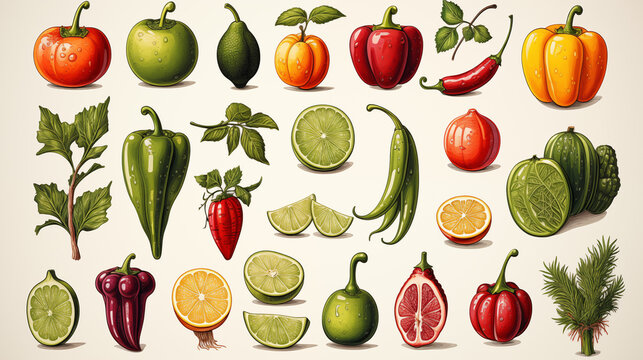 Illustration of colored fruits and vegetables for design farm product, market label vegetarian shop, Collection farm product for restaurant menu.