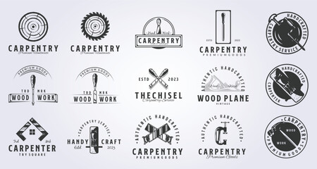 big bundle of carpentry tools logo vector illustration design, vintage style logo design - obrazy, fototapety, plakaty