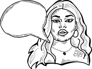 Beautiful young woman talk. Empty speech bubble for sale promotion, text background, quotes. Hand drawn illustration, cartoon comic style vector.