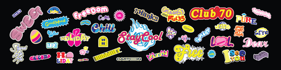 Fototapeta premium Cool best Stickers Vector Pack. Set of Trendy Groovy Patches. Pop Art Smile Emoji Labels. Vaporwave 2000s Graphics.