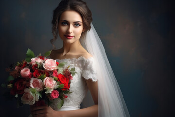 Naklejka premium Portrait of a woman in a wedding dress Beautiful bride holding a bouquet of flowers poses and smiles on her wedding day.