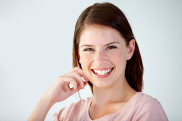 Portrait, happy and face of woman in studio to relax for break, rest or confident personality on...