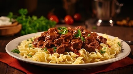 Paste in the Hungarian goulash: combination of meat and pasta - obrazy, fototapety, plakaty
