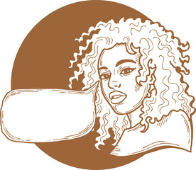 Beautiful young woman talk. Empty speech bubble for sale promotion, text background, quotes. Hand drawn illustration, cartoon comic style vector.