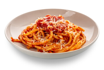 Bucatini pasta with tomato sauce and parmesan cheese in white plate isolated