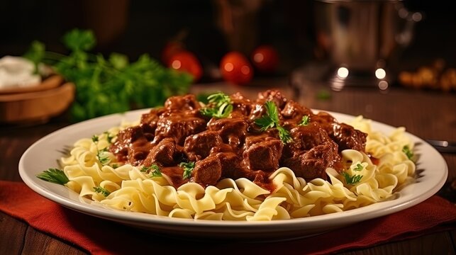Paste in the Hungarian goulash: combination of meat and pasta