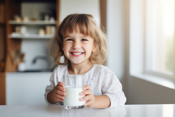 A little girl cute kid holding a cup of milk feel happy enjoy drinking milk in kitchen