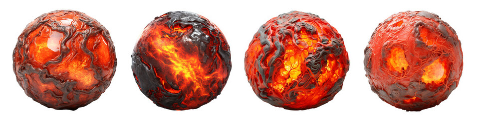 Set of hot lava planet or balls isolated on transparent background. Generative AI - obrazy, fototapety, plakaty