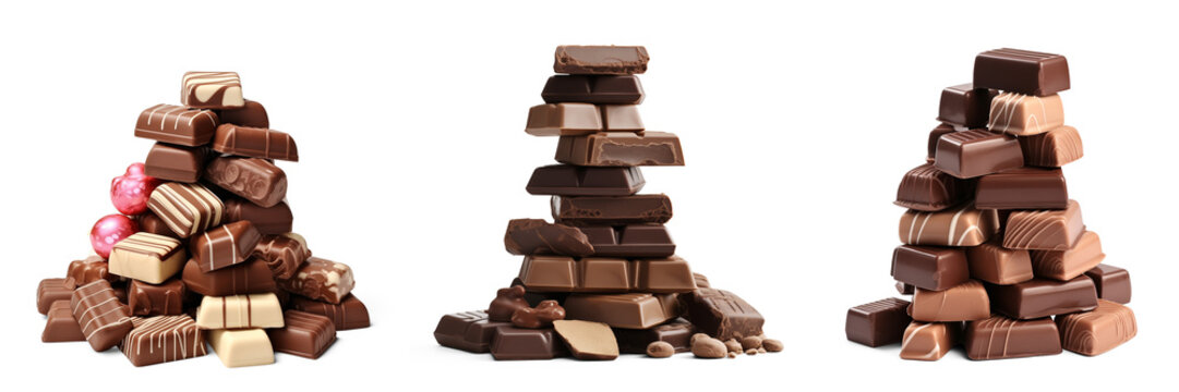 Pile of chocolates with candy in group isolated on transparent background. Generative AI