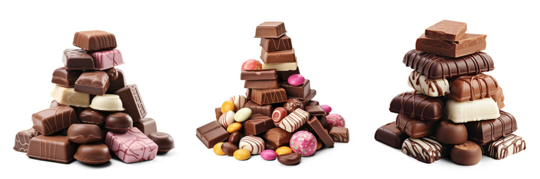 Pile of chocolates with candy in group isolated on transparent background. Generative AI