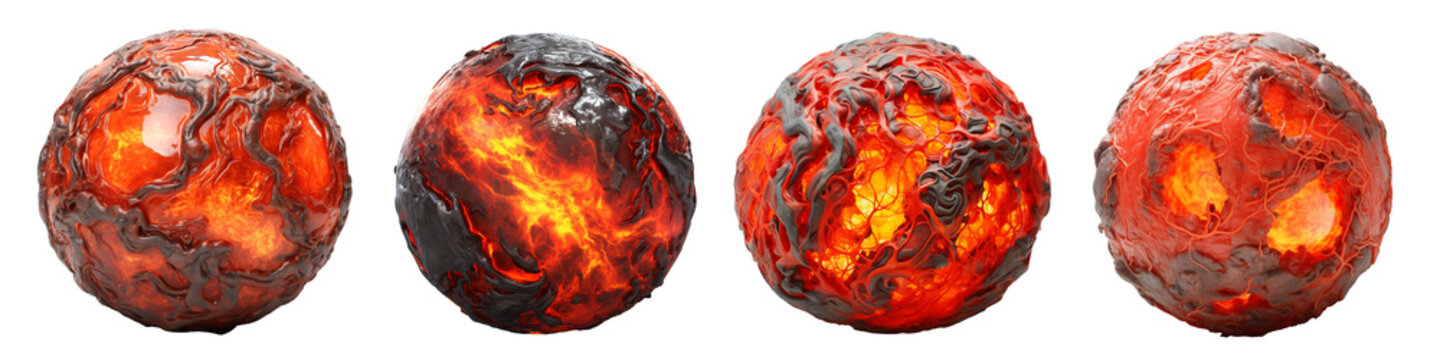 Set of hot lava planet or balls isolated on transparent background. Generative AI
