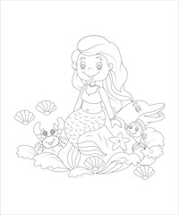 Cute mermaid sitting on stone. Hand drawn cartoon illustration. Isolated on white. ART Artist_polash