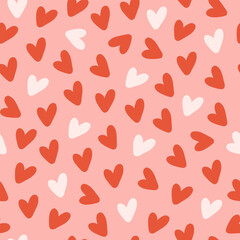 Minimalistic seamless pattern with small hearts on a pink background. Vector print for wallpaper, fabric, textile design, wrapping paper. - obrazy, fototapety, plakaty