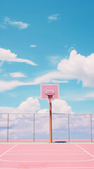 A pink basketball court with fluffy clouds and bright blue sky. Romantic idea. Pastel color aesthetics.