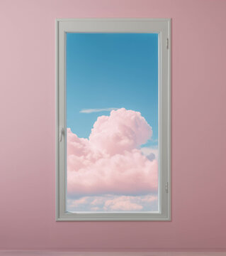 A pink window with fluffy clouds and bright blue sky.  Pastel colors. Romantic dreamy idea.