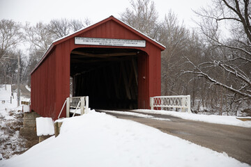 Princeton Illinois Red Covered Bridge in Snow
