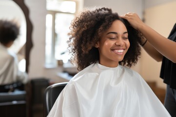 African American Woman Getting Her Hair Done In Salon. Сoncept Natural Hair Care, Salon Experience, Hair Transformation, Styling Techniques, Beauty Routine - obrazy, fototapety, plakaty