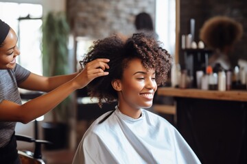 African American Woman Getting Her Hair Done In Salon - obrazy, fototapety, plakaty