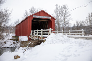 Princeton Illinois Red Covered Bridge in Snow