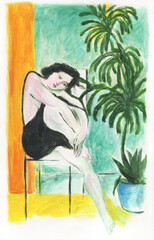woman with plants. watercolor painting. illustration - 690311580