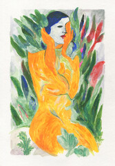 abstract woman with plants. watercolor painting. illustration - 690311583
