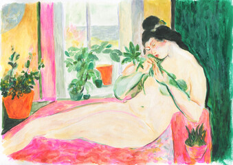 woman with plants. watercolor painting. illustration - 690311586