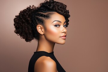Beautiful Black Woman With Curly Braids And Bun. Сoncept Nature-Inspired Photoshoot, Bohemian Vibes, Urban Street Style, Glamorous Evening Look - obrazy, fototapety, plakaty