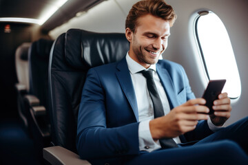 A Smiling female businesswoman or female entrepreneur in a suit using a smartphone while sitting on an airplane Online communication on airplanes