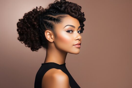 Beautiful Black Woman With Curly Braids And Bun. Сoncept Nature-Inspired Photoshoot, Bohemian Vibes, Urban Street Style, Glamorous Evening Look