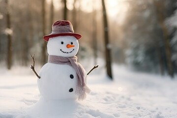 Closeup Of Funny Laughing Snowman In Winter Forest. Сoncept Winter Wonderland, Hilarious Snowman, Forest Frolics, Winter Fun, Closeup Captures