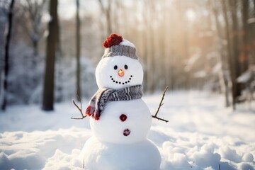 Closeup Of Funny Laughing Snowman In Winter Forest