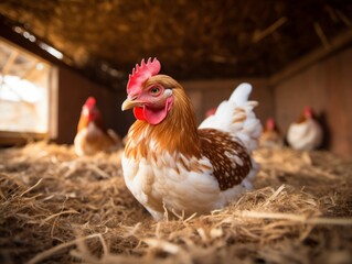 Close-up of a hen in a coop with others in the background, highlighting farm life and poultry farming. - obrazy, fototapety, plakaty